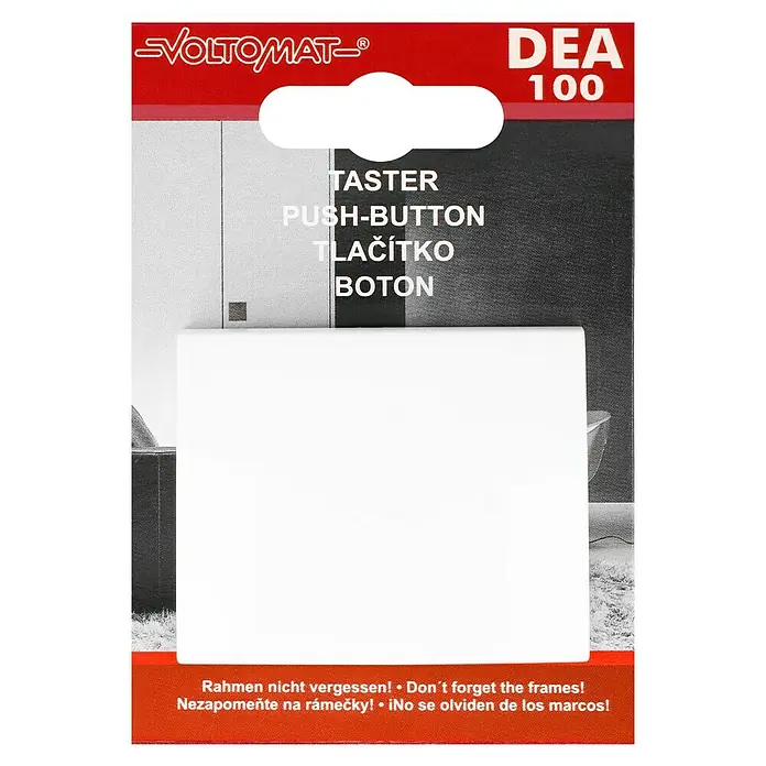 Voltomat DEA 100 Taster - Alpinweiß, Kunststoff, 10 A - Verpackung einer weißen Voltomtat DEA 100 Taste/Drucktaste mit mehrsprachiger Beschriftung und rotem Akzent.