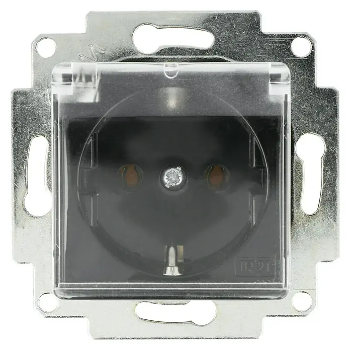 Voltomat ART Steckdose mit Deckel - Schwarz, 1-fach, Kunststoff, IP20 - Nahaufnahme einer Schutzkontaktsteckdose mit Klappdeckel und Montageplatte. Ideal für den Einsatz in Feuchträumen und Außenbereichen.