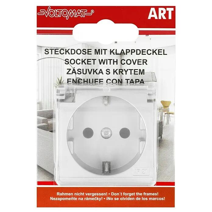 Voltomat ART Steckdose mit Deckel - Silber, 1-fach, Kunststoff, IP20 - Abbildung einer Voltomat Steckdose mit Klappdeckel, ideal für den Einsatz im Innenbereich, schützt vor Spritzwasser und Staub.