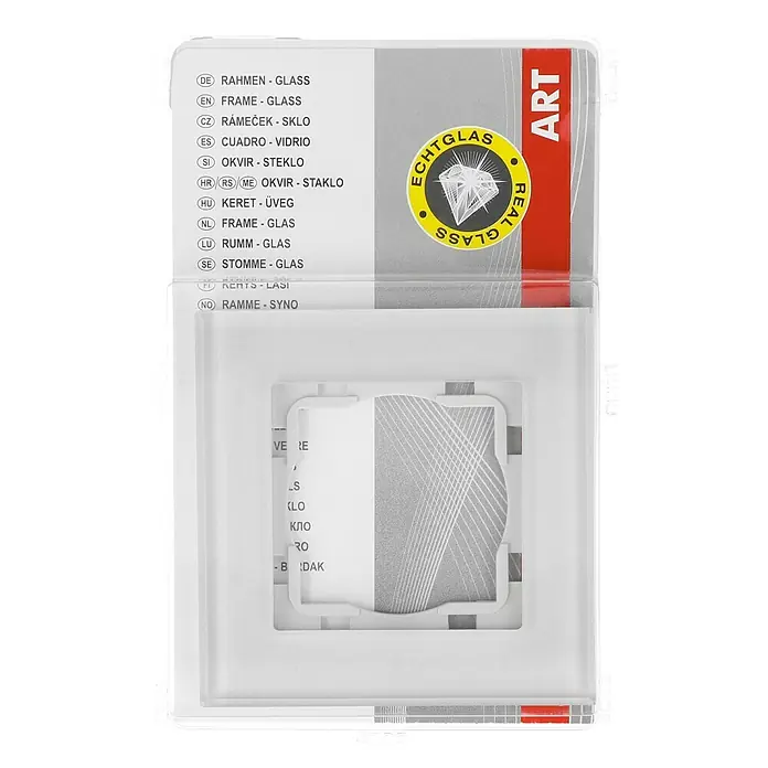 Voltomat ART Glas-Abdeckrahmen - Silber, 1-fach - Verpackung einer "Art Echtglas" Bilderrahmenabdeckung, die Rahmenübersetzungen in verschiedenen Sprachen zeigt.