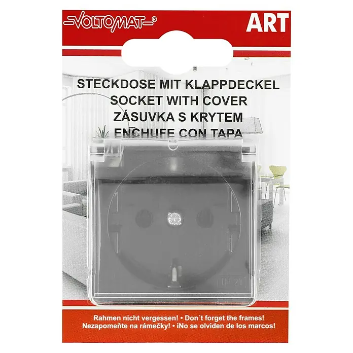 Voltomat ART Steckdose mit Deckel - Schwarz, 1-fach, Kunststoff, IP20 - Abbildung einer Voltomt Steckdose mit Klappdeckel, ideal für den Innenbereich, schützt vor Staub und Feuchtigkeit.