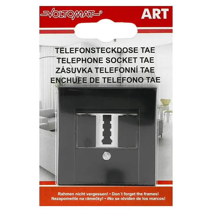 Voltomat ART TAE-Telefondose - Schwarz, Unterputzmontage - Abbildung einer schwarzen TAE-Telefonsteckdose von VOLTOMAT, die eine praktische und stilvolle Lösung für den Telefonanschluss bietet.