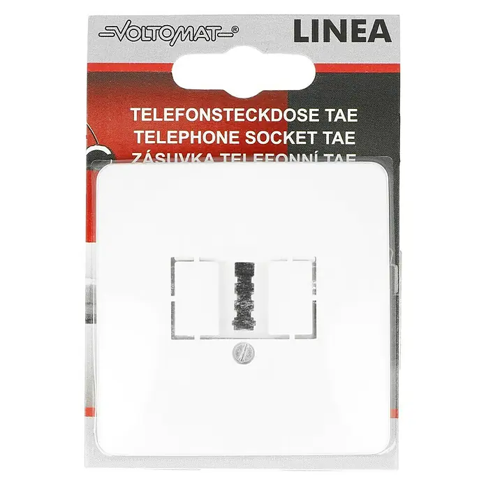 Voltomat LINEA TAE-Telefondose - Alpinweiß, Unterputzmontage - Verpackung einer VOLTOMAT LINEA Telefonsteckdose TAE.