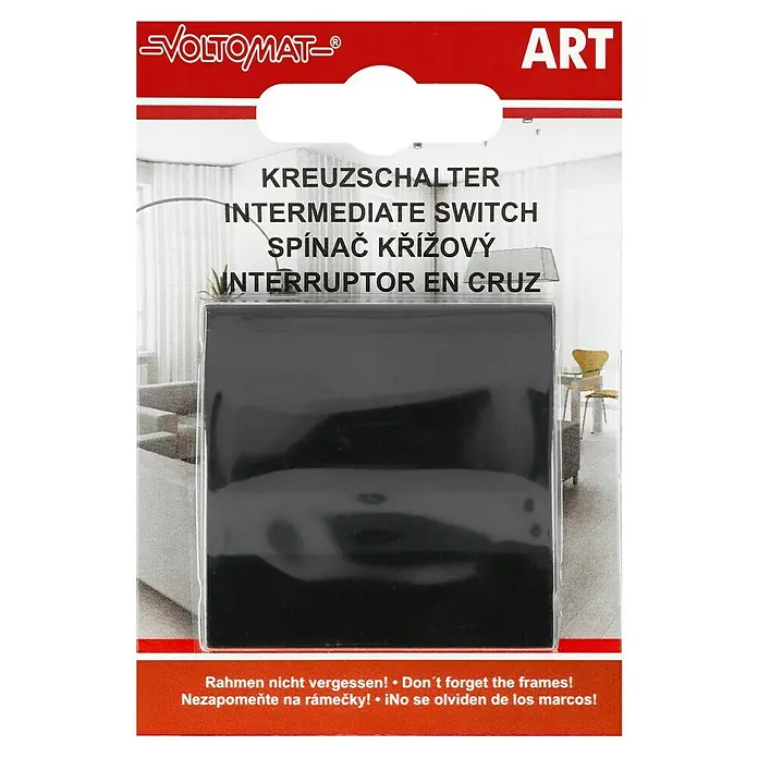 Voltomat ART Kreuzschalter - Schwarz, Kunststoff, 10 A - Nahaufnahme der Verpackung eines Voltomat Kreuzschalters, einem vielseitigen Schalter für verschiedene Anwendungen.