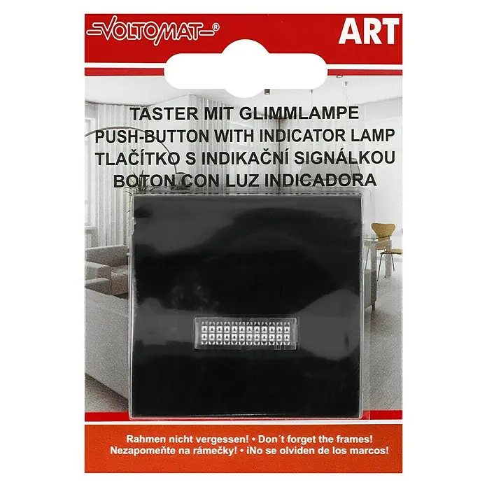 Voltomat ART Taster mit Glimmlampe - Schwarz, Kunststoff, 10 A - Das Bild zeigt eine Voltomat-Taste mit Glimmlampe, die für ihre Indikatorfunktion und ihr Design bekannt ist.