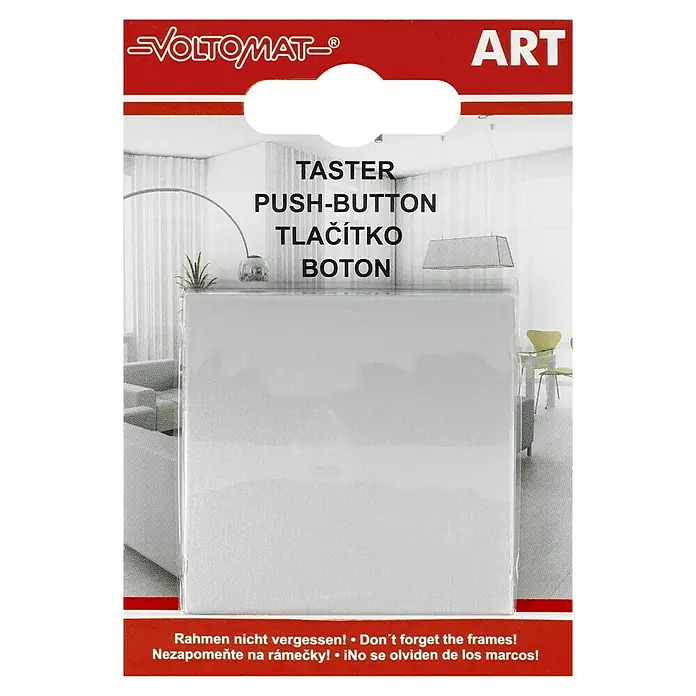 Voltomat ART Taster - Silber, Kunststoff, 10 A - Verpackung einer VOLTOMAT Art Taster Druckknopf-Einheit, ideal für DIY-Projekte und Kunstinstallationen, inklusive mehrsprachiger Hinweise.