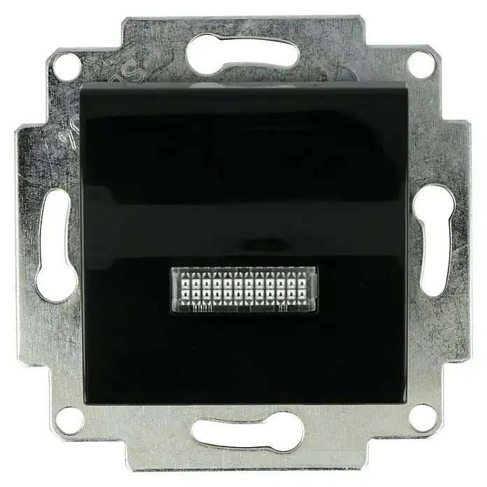 Voltomat ART Taster mit Glimmlampe - Schwarz, Kunststoff, 10 A - Nahaufnahme eines schwarzen Smart Home Schalters mit Metalleinfassung, der sich ideal für moderne Wohnräume eignet.