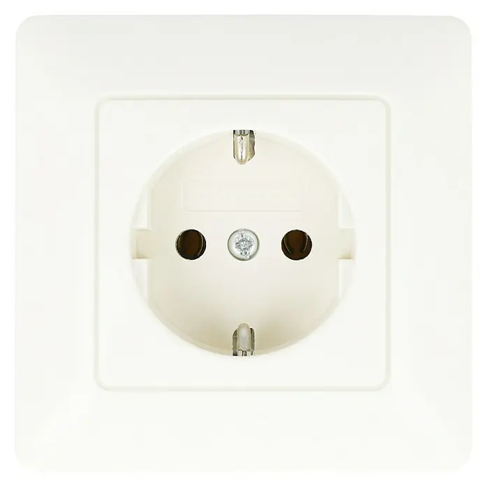 Voltomat MIKRO Steckdose mit Rahmen - Elektroweiß, Kunststoff, Unterputzmontage - Nahaufnahme einer weißen Steckdose mit zwei Löchern und einem Erdungsstift für europäische Stecker.