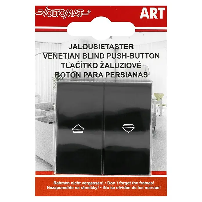 Voltomat ART Jalousietaster - Schwarz, Unterputzmontage, 10 A - Abbildung einer Verpackung für einen VOLTOMAT Jalousietaster in Mehrsprachenausführung mit dem Hinweis, Rahmen nicht zu vergessen.