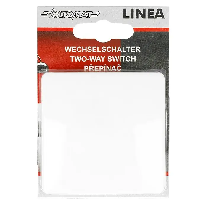 Voltomat LINEA Wechselschalter - Alpinweiß, Unterputzmontage, 10 A, 1 Stk. - Bild eines VOLTOMAT Linea Wechselschalters in Originalverpackung.