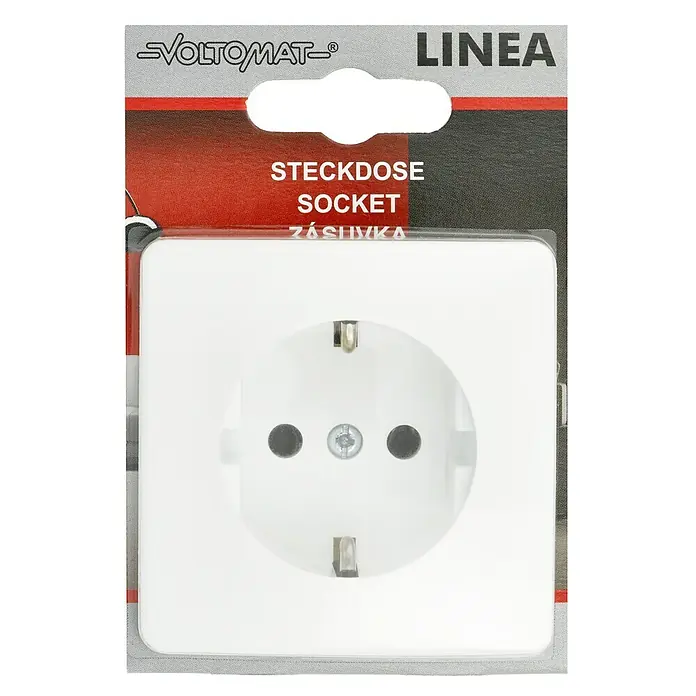 Voltomat LINEA Steckdose - Alpinweiß, 1-fach, Kunststoff, 1 Stk. - Bild einer VOLTOMAT LINEA Steckdose, die eine weiße Farbe und ein typisches europäisches Design aufweist.