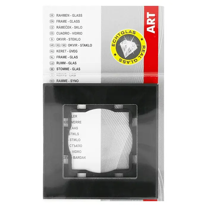 Voltomat ART Glas-Abdeckrahmen - Schwarz, 1-fach - Produktverpackung eines Echtglas-Bilderrahmens mit mehrsprachiger Beschreibung und einem stilisierten Diamanten.