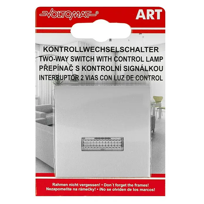 Voltomat ART Kontrollschalter - Silber, Kunststoff, 10 A - Verpackung eines Voltomat Zwei-Wege-Schalters mit Kontrolllampe, ideal für die Elektroinstallation und Heimwerkerprojekte.