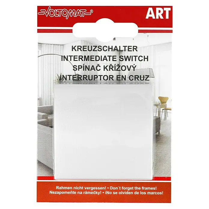 Voltomat ART Kreuzschalter - Silber, Kunststoff, 10 A - Nahaufnahme einer Verpackung für einen Voltomaten-Kreuzschalter, der in mehreren Sprachen beschriftet ist.