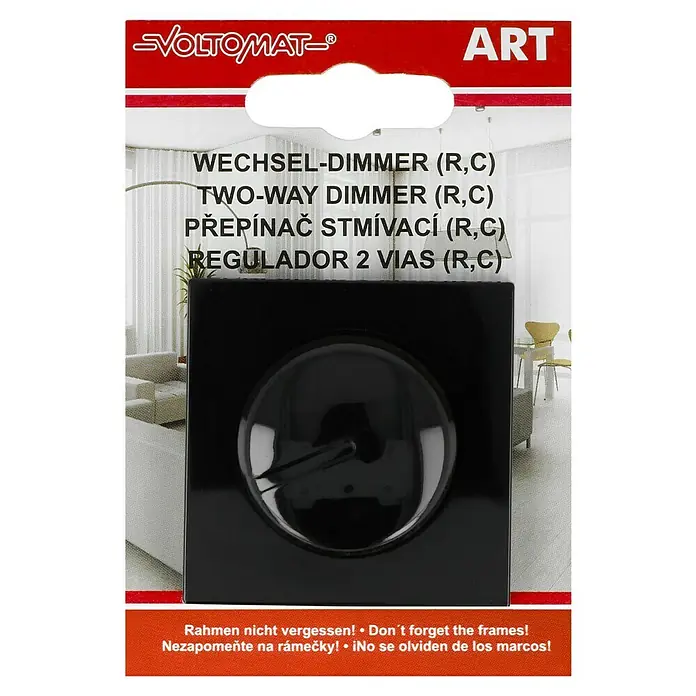 Voltomat ART Dimmer Elektronisch - Schwarz, Kunststoff - Verpackung eines VOLTOMAT Zwei-Wege-Dimmers (R,C) in Schwarz, hervorgehoben durch mehrsprachige Beschriftungen.