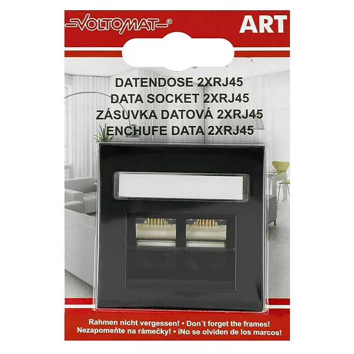 Voltomat ART UAE-Dose - Schwarz, 2-fach, Kunststoff - Nahaufnahme einer VOLTOMAT Doppel-Netzwerkdose (2xRJ45) in Schwarz, ideal für Datenübertragung.