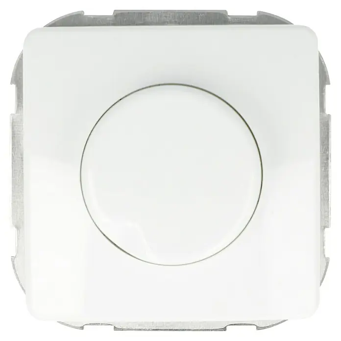 Voltomat LINEA LED-Dimmer - Alpinweiß, Kunststoff - Nahaufnahme eines weißen Dimmers mit Metalleinfassung, der die Helligkeit in Räumen reguliert.