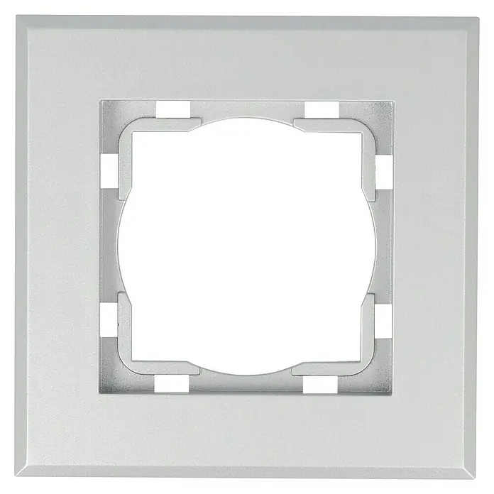 Voltomat ART Abdeckrahmen - Silber, 1-fach, Kunststoff - Nahaufnahme einer weißen Lichtschalter-Abdeckung. Die Abdeckung hat eine quadratische Form und ein Loch in der Mitte für den Schalter.