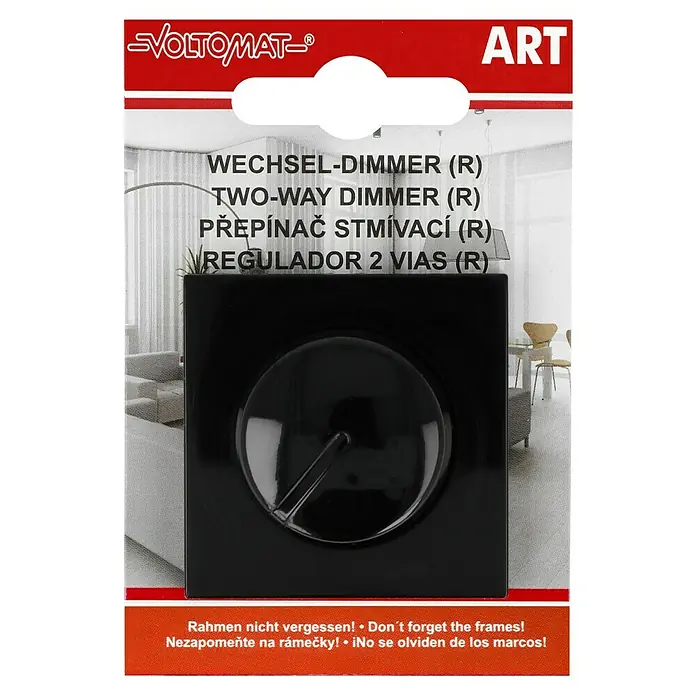 Voltomat ART Dimmer Konventionell - Schwarz, Kunststoff - Abbildung einer Verpackung für einen Zwei-Wege-Dimmer von Voltomat, einem praktischen Gerät zur Steuerung der Lichtintensität.