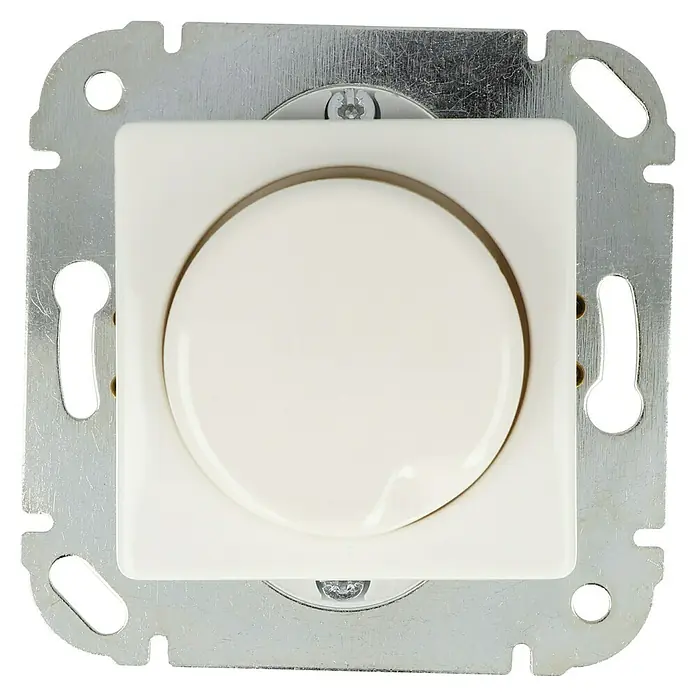 Voltomat MIKRO LED-Dimmer - Elektroweiß, Kunststoff - Nahaufnahme eines weißen Dimmers mit silberner Halterung, ideal zur Steuerung der Lichtintensität in jedem Raum. Das Gerät ist benutzerfreundlich und stilvoll.