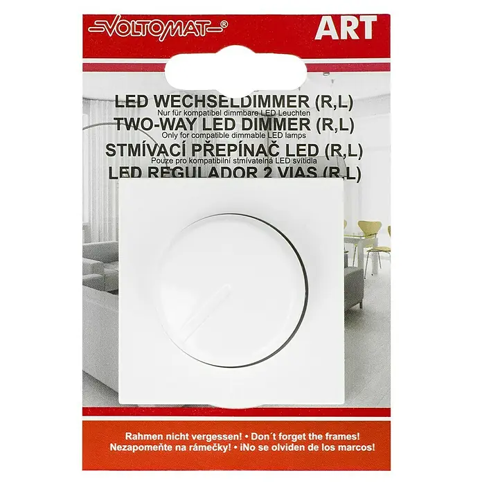 Voltomat ART LED-Dimmer - Alpinweiß, Kunststoff - Produktverpackung eines VOLTOMAT-LED-Dimmers, geeignet für dimmbare LED-Leuchten, mit Hinweisen in mehreren Sprachen.