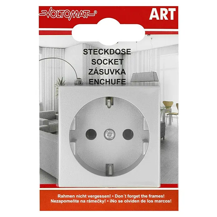 Voltomat ART Steckdose - Silber, 1-fach, Kunststoff, IP20 - Die Abbildung zeigt eine VOLTOMAT Steckdose, ein essentielles Zubehör für jeden Haushalt, verpackt in einer robusten Verpackung.