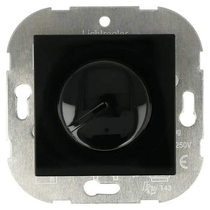 Voltomat ART LED-Dimmer - Anthrazit, Kunststoff - Nahaufnahme eines Lichtreglers mit einem schwarzen Drehknopf und silberfarbenem Rahmen, der das Produkt hervorhebt.