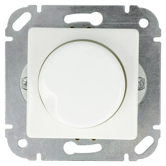 Voltomat MIKRO LED-Dimmer - Alpinweiß, Kunststoff - Nahaufnahme eines weißen Dimmers mit quadratischer Blende und Metallrahmen auf schwarzem Hintergrund.