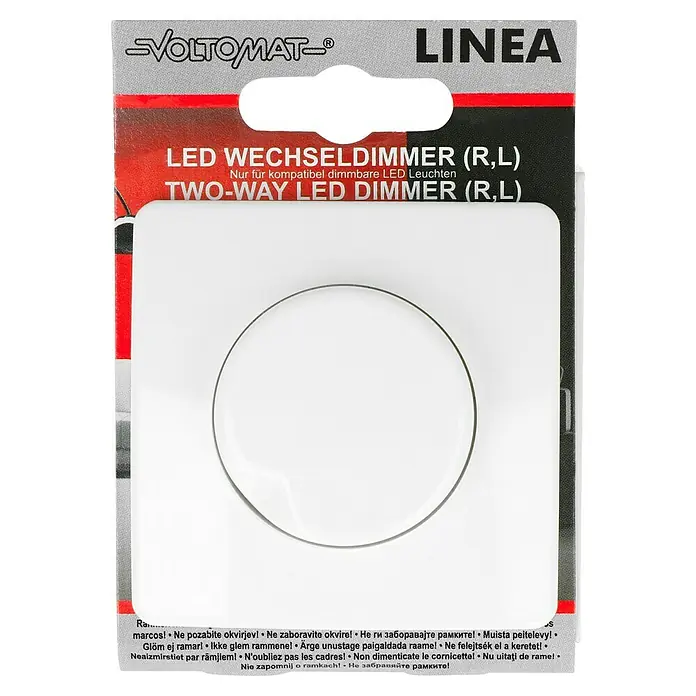 Voltomat LINEA LED-Dimmer - Alpinweiß, Kunststoff - Produktverpackung für einen VOLTOMAT Linea LED-Wechseldimmer (R,L) für kompatible dimmbare LED-Leuchten.