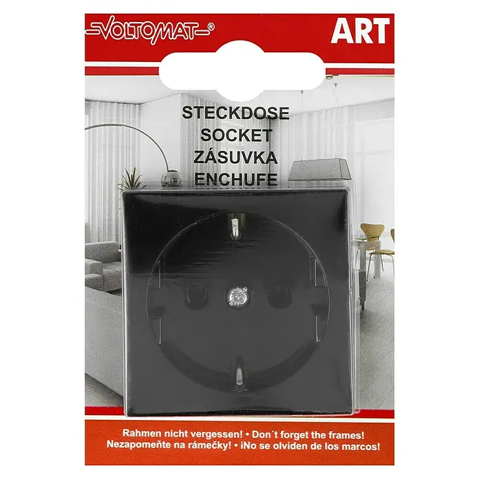 Voltomat ART Steckdose - Schwarz, 1-fach, Kunststoff, IP20 - Abbildung einer schwarzen Steckdose von VOLTOMAT, ideal für stilvolle Innenräume.