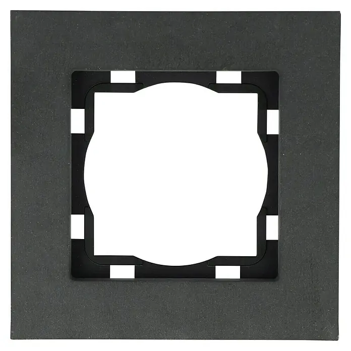 Voltomat ART STEIN Abdeckrahmen - Schwarz, 1-fach, Naturstein - Nahaufnahme eines schwarzen, quadratischen Schalterrahmens mit einer quadratischen Öffnung in der Mitte. Ideal für eine stilvolle Wandgestaltung.