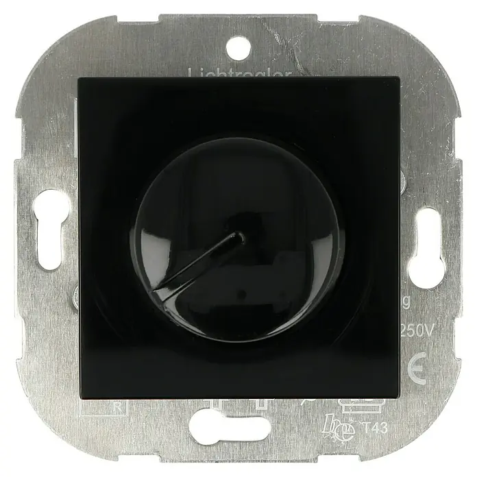 Voltomat ART Dimmer Elektronisch - Schwarz, Kunststoff - Nahaufnahme eines Lichtreglers mit einer schwarzen, runden Steuerung und Metalleinfassung, ideal für die Lichtintensitätsanpassung.