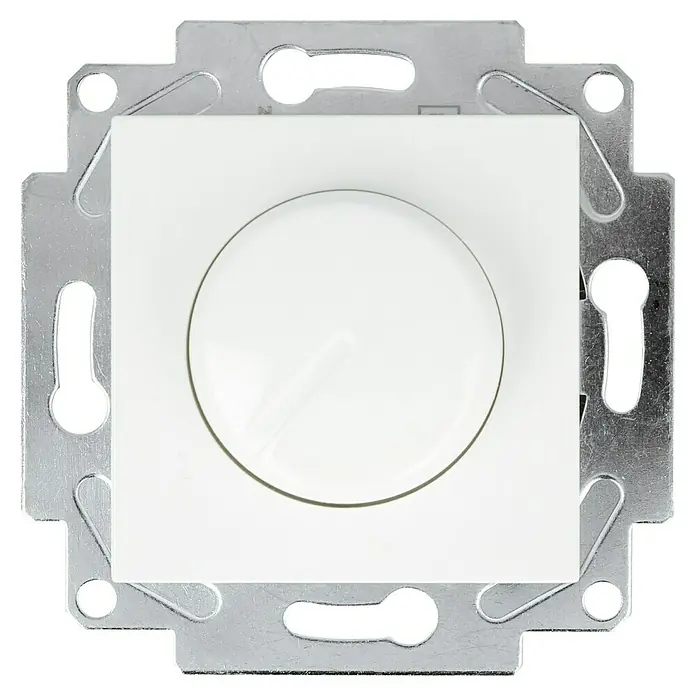 Voltomat ART LED-Dimmer - Alpinweiß, Kunststoff - Nahaufnahme eines weißen Dimmers mit einem quadratischen Rahmen und einer runden Drehknopf, umgeben von einem silbernen Montagemechanismus.