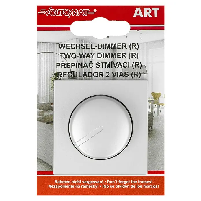 Voltomat ART Dimmer Konventionell - Silber, Kunststoff - Bild einer VOLTOMAT Zwei-Wege-Dimmers in Weiß mit schwarzem Knopf, eine ideale Lösung zur Steuerung der Lichtintensität im Raum.