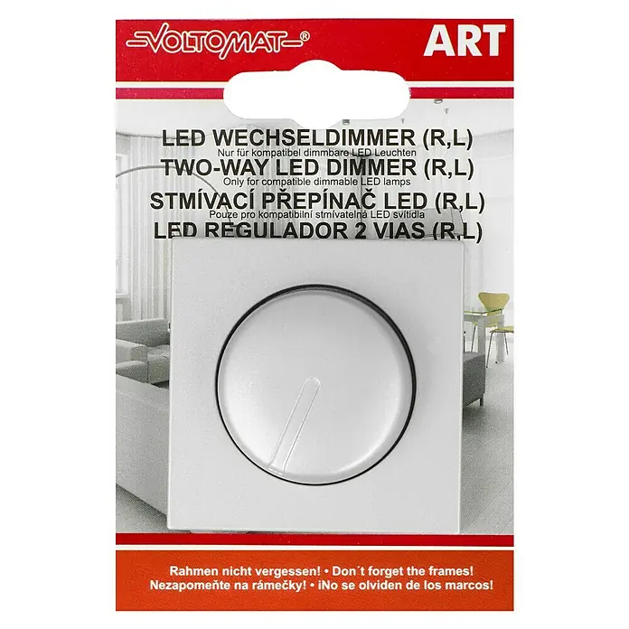Voltomat ART LED-Dimmer - Silber, Kunststoff - Produktverpackung eines VOLTOMAT LED-Wechseldimmers (R,L) mit Mehrsprachiger Beschriftung und Warnhinweis auf rotem Grund.