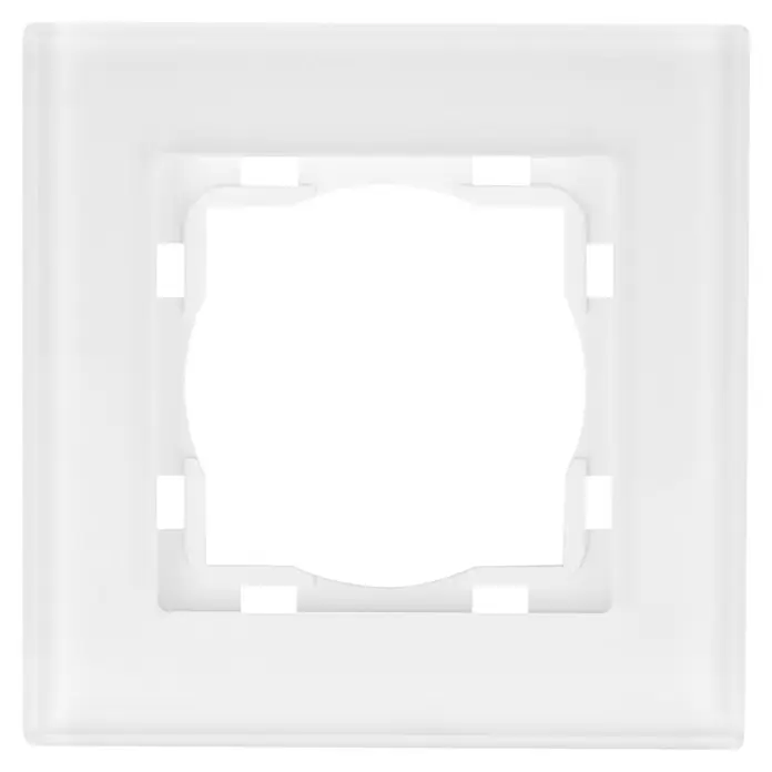Voltomat ART Glas-Abdeckrahmen - Weiß, 1-fach - Nahaufnahme einer weißen, quadratischen Schalterabdeckung mit einer dunklen, quadratischen Aussparung in der Mitte.