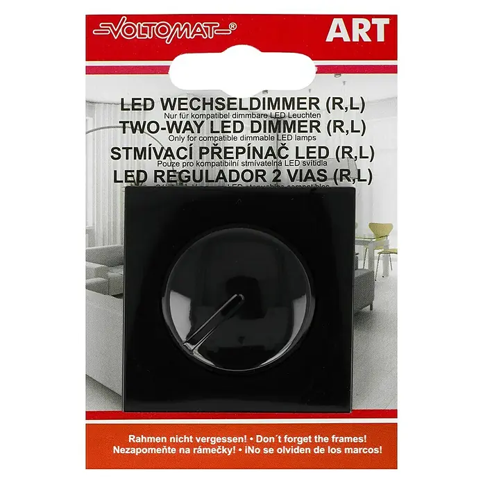 Voltomat ART LED-Dimmer - Anthrazit, Kunststoff - Verpackung eines VOLTOMAT LED-Wechseldimmers (R,L) mit mehrsprachiger Beschriftung und dem Hinweis, die Rahmen nicht zu vergessen.