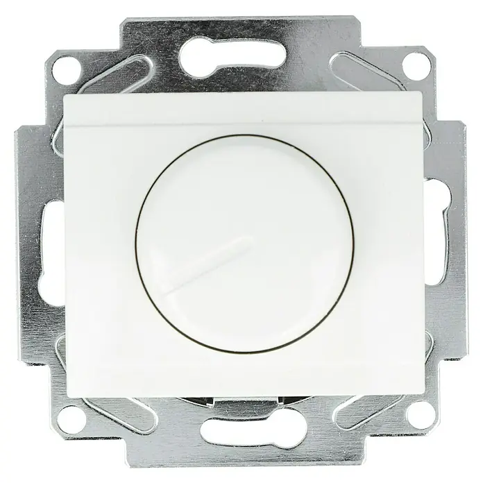 Voltomat DEA 100 LED-Dimmer - Alpinweiß, Kunststoff - Nahaufnahme eines weißen Dimmers mit Metalleinfassung, ideal für präzise Lichteinstellung und modernes Design.