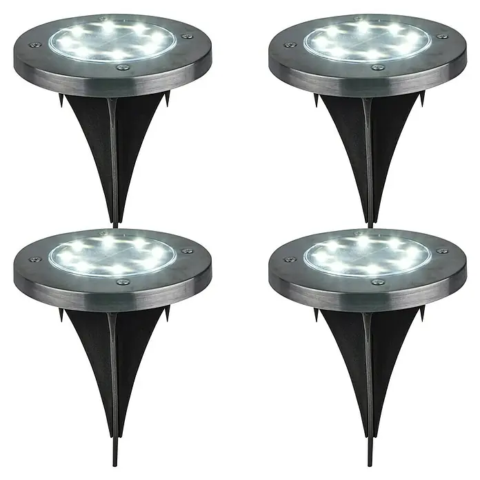 BAUHAUS Solarleuchten-Set Neue Generation - 0,1 W, Silber, IP44, 3 lm - Vier Solar-Gartenleuchten mit Erdspieß. Ideal für die Beleuchtung von Wegen und Gärten, mit hellem, energiesparendem LED-Licht.
