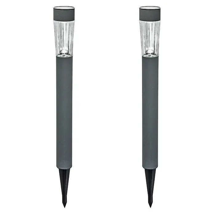 BAUHAUS Solarleuchten-Set Premium - Grau, 10 lm - Das Bild zeigt zwei graue Solar-Gartenleuchten mit klarem, facettiertem Lampenkopf und Erdspieß auf schwarzem Hintergrund.