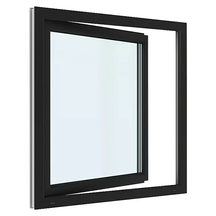 Solid Elements Kunststofffenster Basic - 120 x 120 cm, Verglasung: 2-fach, DIN Anschlag: Rechts, Außen: Anthrazit Sandstruktur, Innen: Weiß - Schwarzes Dreh-Kipp-Fenster mit geöffnetem Flügel.
