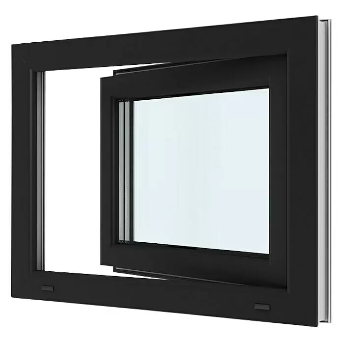 Solid Elements Kunststofffenster Basic - 80 x 60 cm, Verglasung: 2-fach, DIN Anschlag: Links, Außen: Anthrazit Sandstruktur, Innen: Weiß - Schwarzes Fenster mit offenem Rahmen, das ein gekipptes Innenfenster zur Belüftung zeigt.