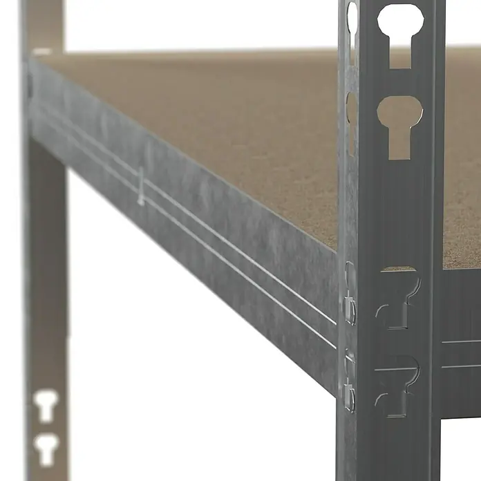 Regalux Metallregal - H x B x T: 180 x 90 x 40 cm, Traglast pro Boden: 175 kg, Anzahl Böden: 5 Stk., Grau, Stecken - Detailaufnahme eines Metallregals mit braunen Regalböden und einem stabilen, grauen Metallrahmen. Das Design ist funktional und robust.