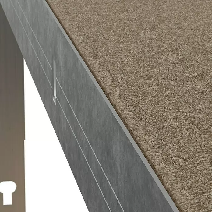 Regalux Metallregal - H x B x T: 180 x 90 x 40 cm, Traglast pro Boden: 175 kg, Anzahl Böden: 5 Stk., Grau, Stecken - Mehrschichtplatte mit glatter grauer Oberfläche und dünnen Linien sowie einer texturierten Holzspanseite. Eine Schlüssellochform ist daneben sichtbar.