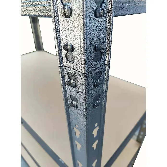 Regalux Schwerlastregal - H x B x T: 226 x 90 x 45 cm, Traglast pro Boden: 200 kg, Anzahl Böden: 7 Stk., Stecken, Anthrazit - Nahaufnahme eines grauen Metallregals mit charakteristischen Lochmustern, das Funktionalität und robustes Design vereint.