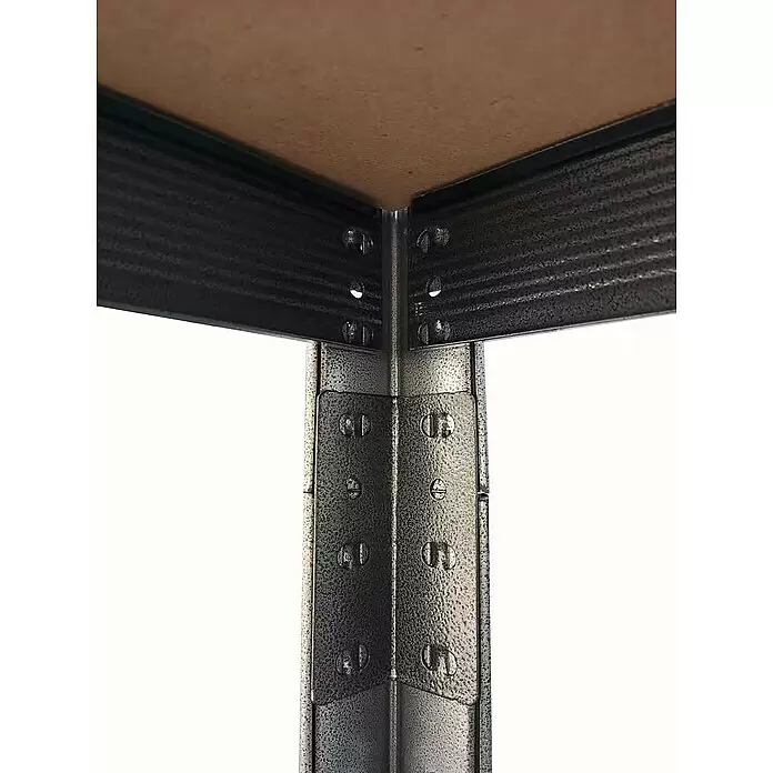 Regalux Schwerlastregal - H x B x T: 226 x 90 x 45 cm, Traglast pro Boden: 200 kg, Anzahl Böden: 7 Stk., Stecken, Anthrazit - Detail einer Metallecke eines Regals mit brauner Holzplatte, genieteten verzinkten Metallständern und Trägern.