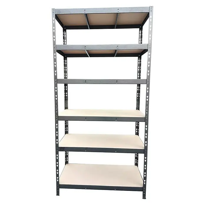 Regalux Estantería para cargas pesadas - Al x An x Pr: 200 x 100 x 45 cm, Capacidad de carga por balda: 250 kg, Número de baldas: 6 ud., Inserción, Negro - Estantería gris con seis estantes de madera clara, ideal para el almacenamiento y la organización en un garaje o sótano.