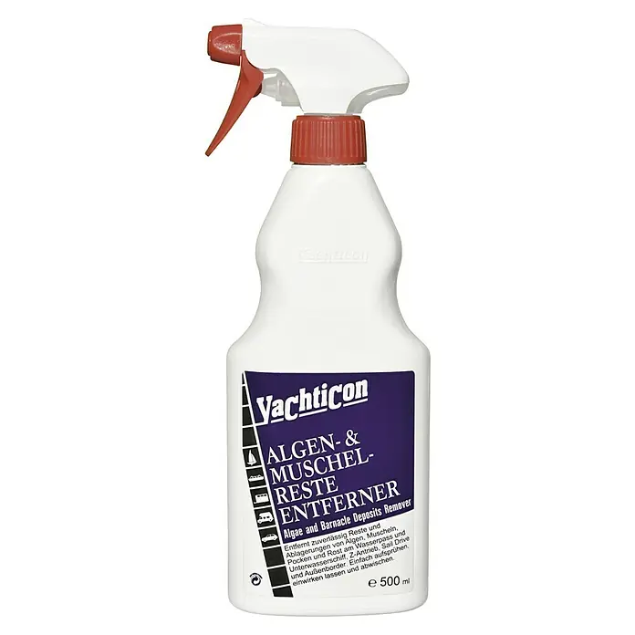 Yachticon Algen- & Muschelentferner - 500 ml, Flüssig - Produktbild eines Yachticon Algen- und Muschel-Restenferners in einer weißen Sprühflasche mit rotem Sprühkopf.