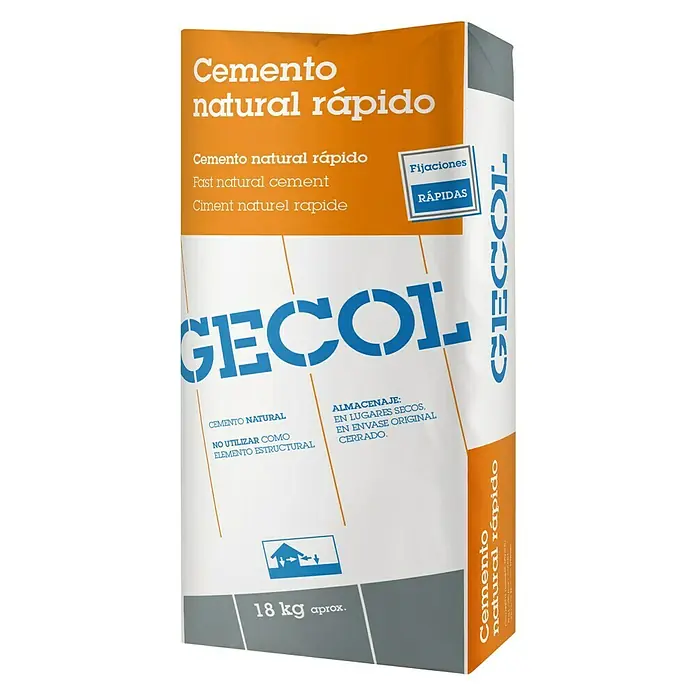 Gecol Cemento natural rápido - 18 kg - Imagen de un paquete de cemento natural GECOL, ideal para reparaciones y fijaciones rápidas, para uso interior y exterior.