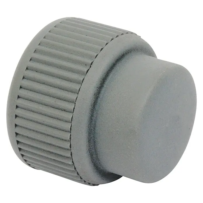 Tapón PB - 22 mm - Primer plano de un mando de ajuste gris con borde moleteado, ideal para ajustes precisos de dispositivos.